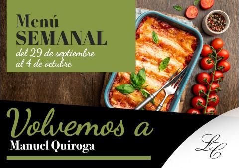 Menú Semanal en Manuel Quiroga del 29 de sept. al 4 de octubre